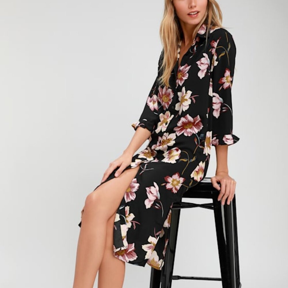 Lulus Mary Anne Black Floral Print Midi Shirt Dress - Size S